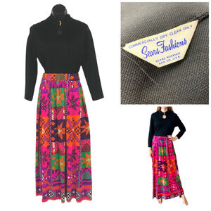 True Vintage 1970's Sears Fashions Sz 12 Maxi Dress Hostess Gown Psychedelic NEW
